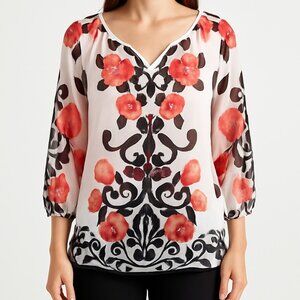 Womens L Sheer Boho Floral Blouse Red Black Scroll Rhinestone Artsy Festival Top